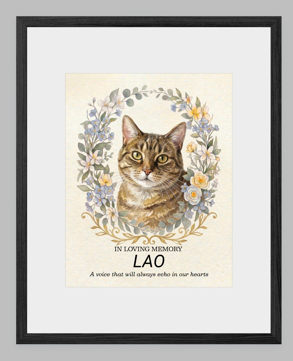 Custom Watercolour Pet Memorial Portrait – "In Loving Memory" Floral Wreath Framed Art