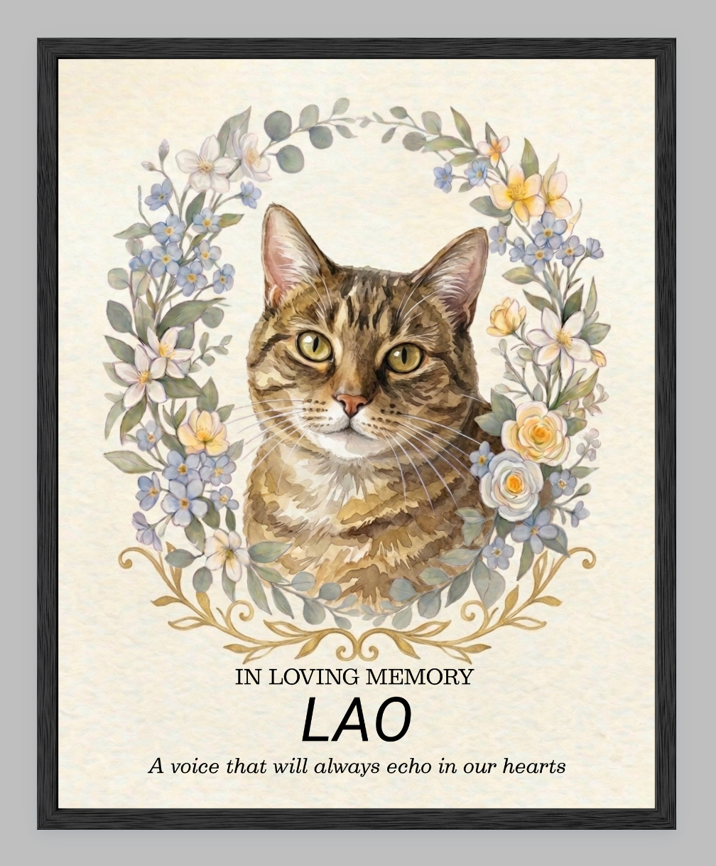 Custom Watercolour Pet Memorial Portrait – "In Loving Memory" Floral Wreath Framed Art