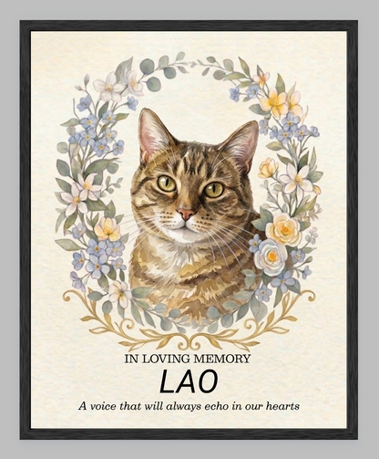 Custom Watercolour Pet Memorial Portrait – "In Loving Memory" Floral Wreath Framed Art