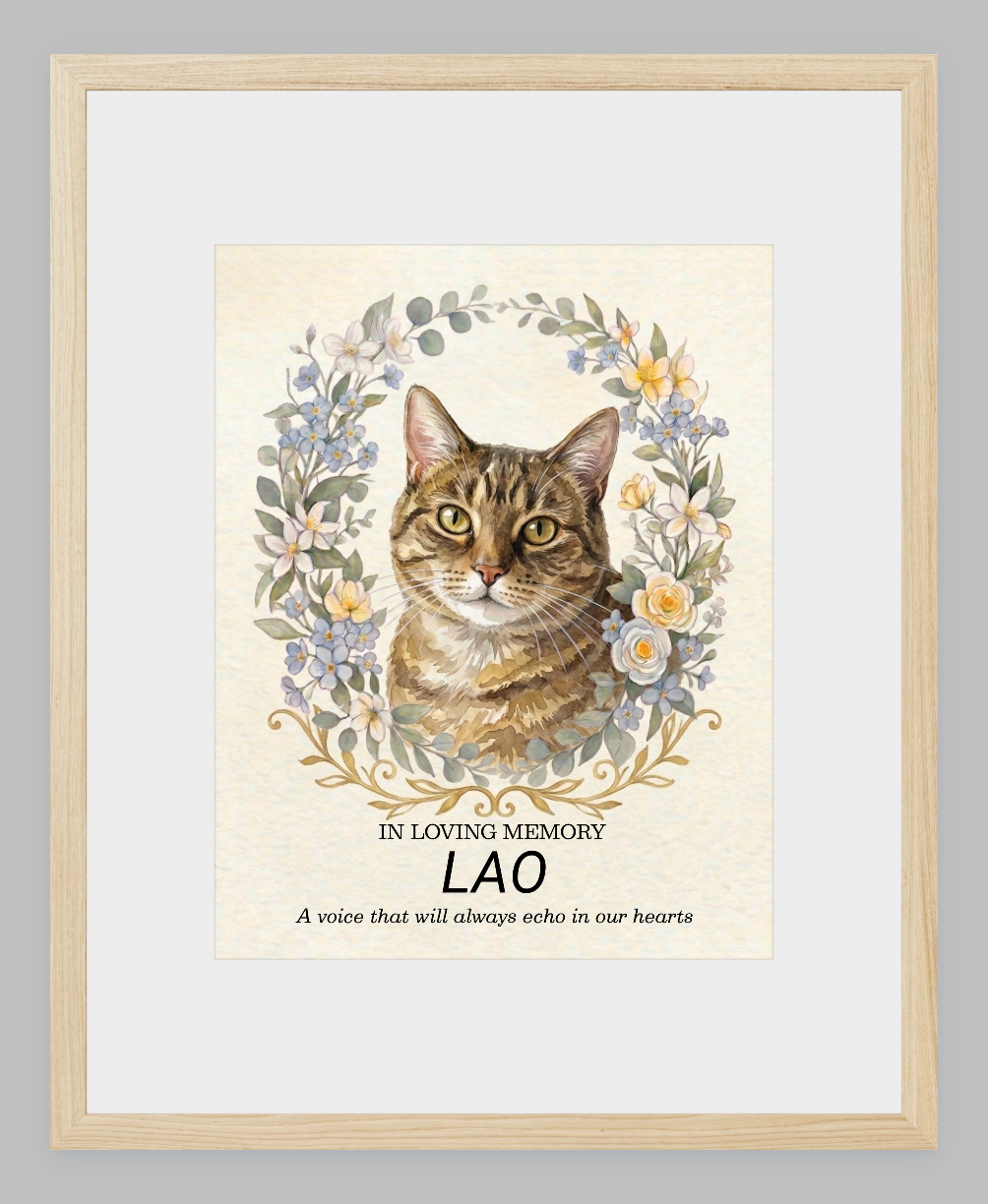Custom Watercolour Pet Memorial Portrait – "In Loving Memory" Floral Wreath Framed Art