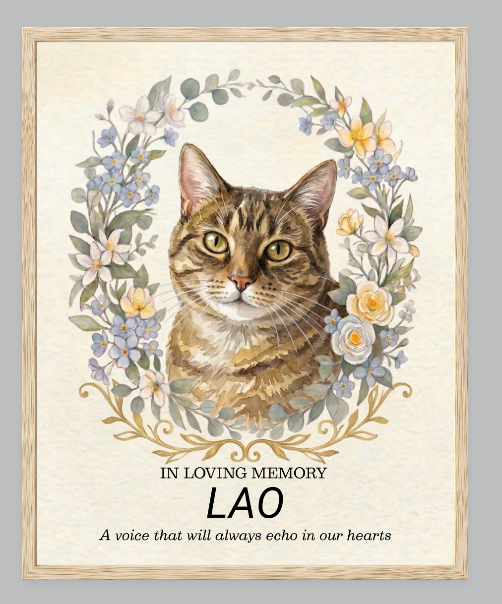 Custom Watercolour Pet Memorial Portrait – "In Loving Memory" Floral Wreath Framed Art