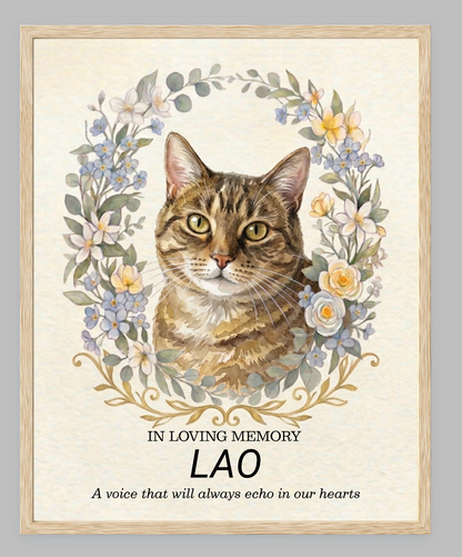 Custom Watercolour Pet Memorial Portrait – "In Loving Memory" Floral Wreath Framed Art