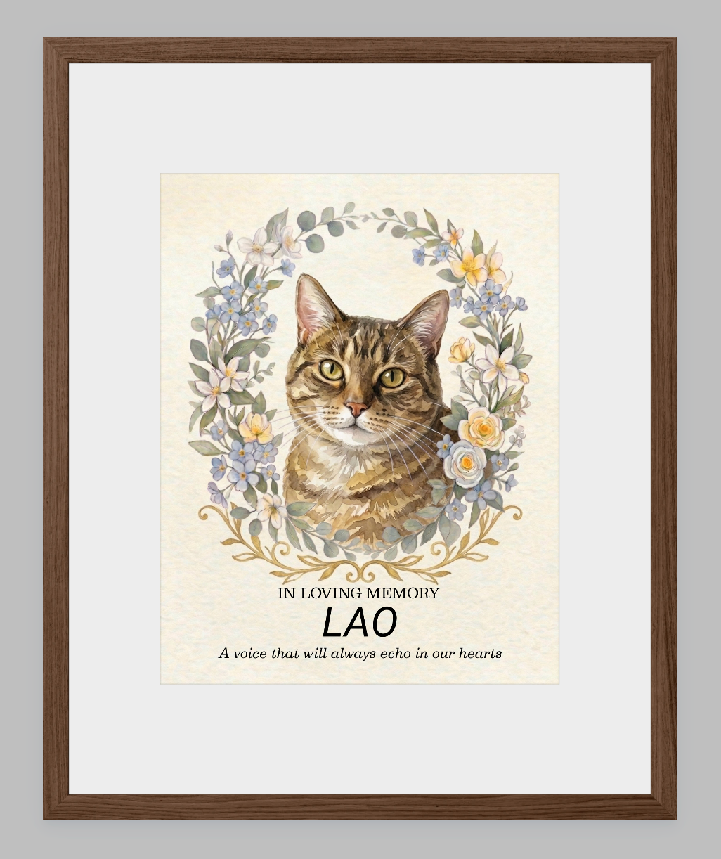 Custom Watercolour Pet Memorial Portrait – "In Loving Memory" Floral Wreath Framed Art