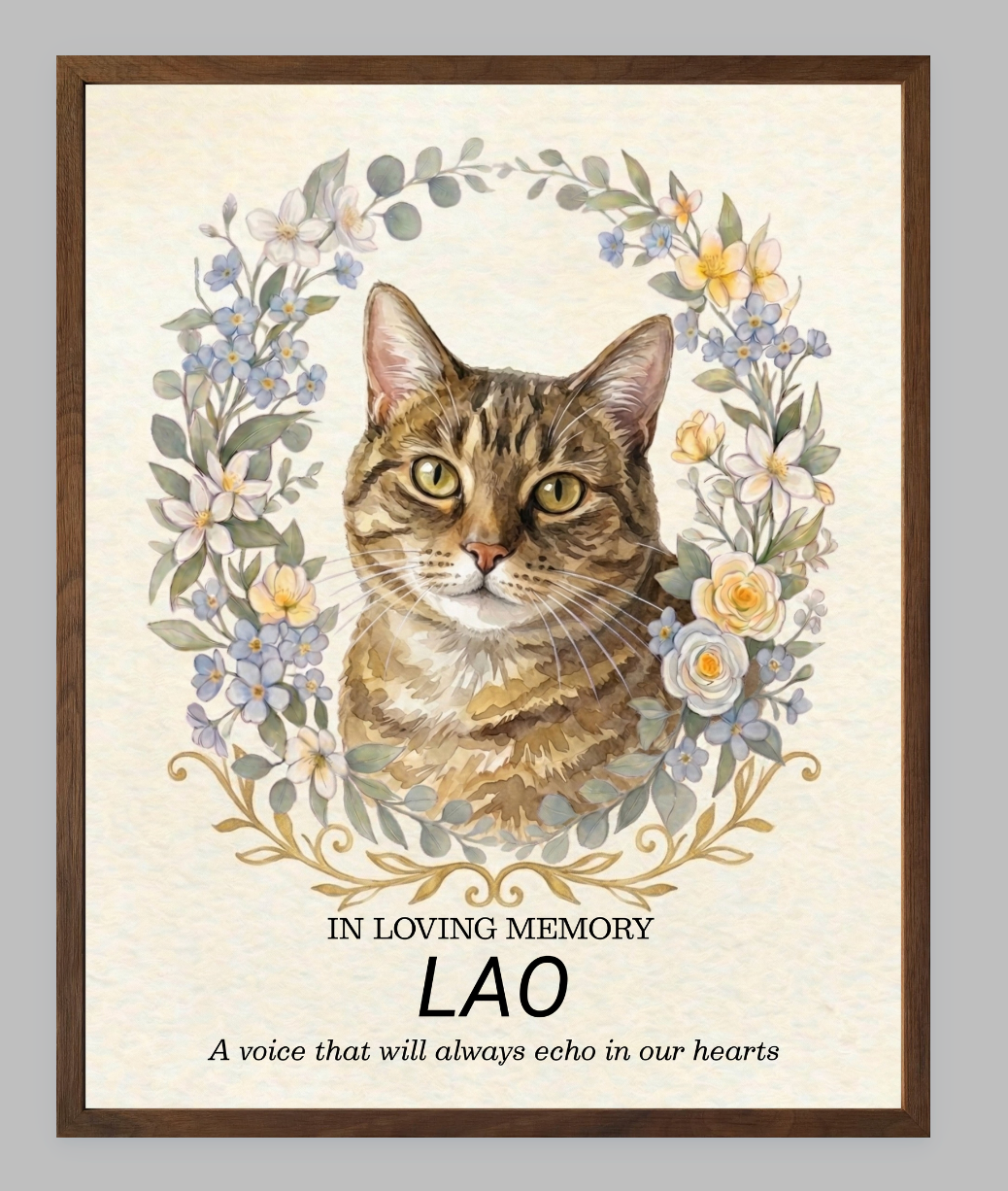 Custom Watercolour Pet Memorial Portrait – "In Loving Memory" Floral Wreath Framed Art
