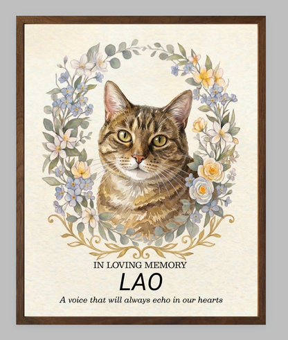 Custom Watercolour Pet Memorial Portrait – "In Loving Memory" Floral Wreath Framed Art