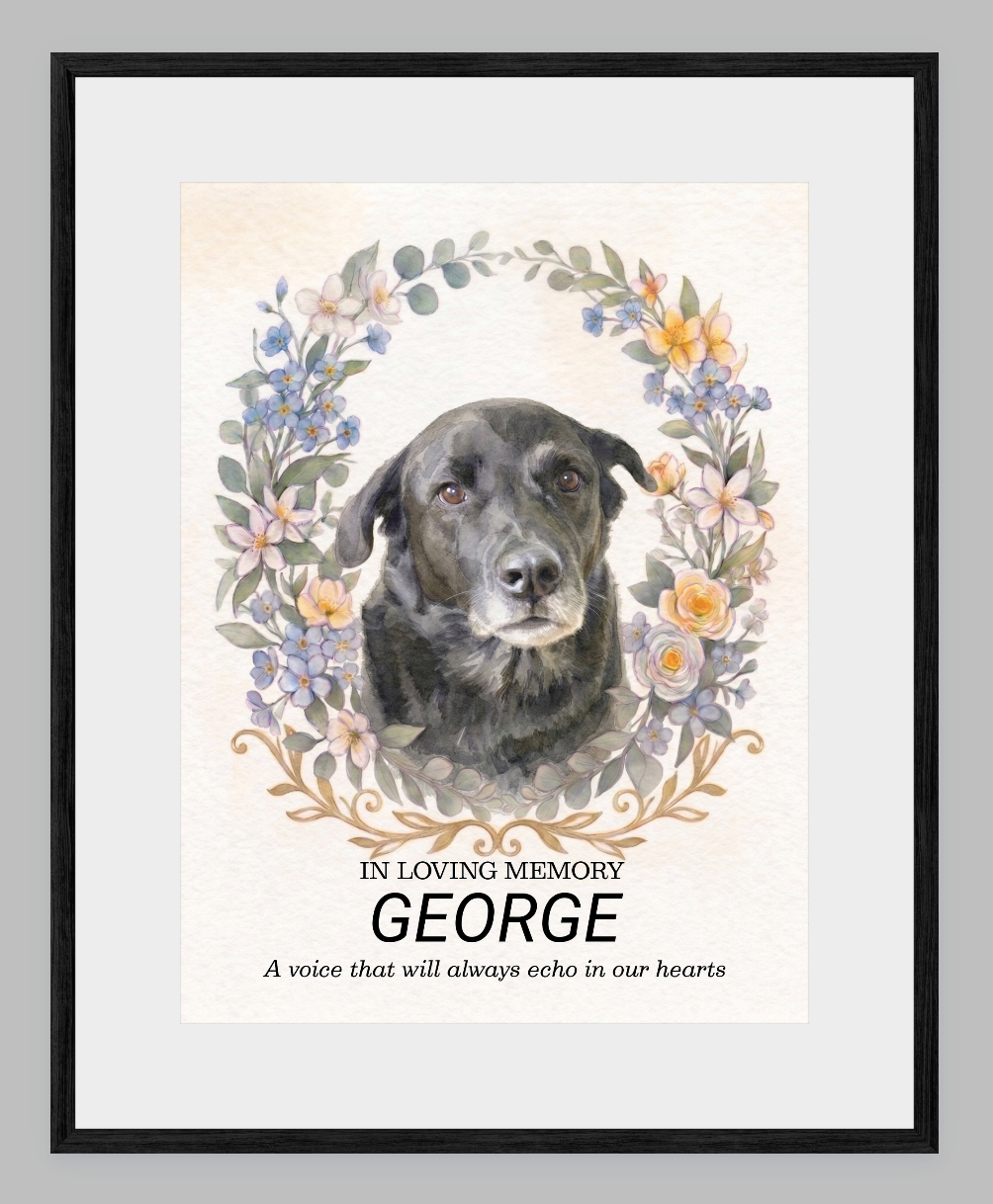 Custom Watercolour Pet Memorial Portrait – "In Loving Memory" Floral Wreath Framed Art