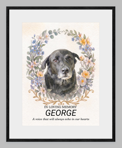 Custom Watercolour Pet Memorial Portrait – "In Loving Memory" Floral Wreath Framed Art