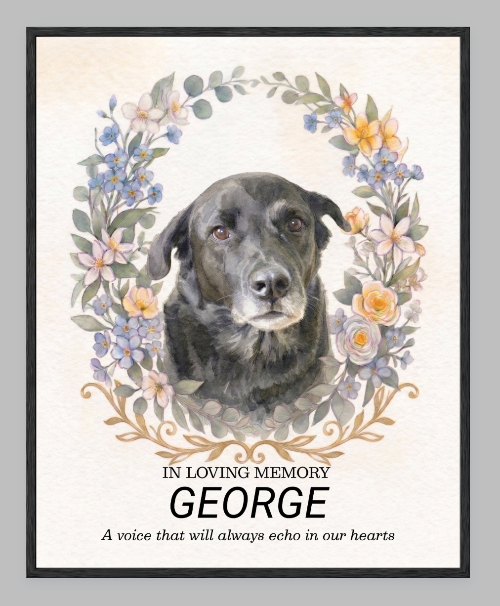 Custom Watercolour Pet Memorial Portrait – "In Loving Memory" Floral Wreath Framed Art