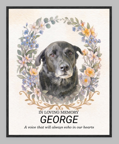 Custom Watercolour Pet Memorial Portrait – "In Loving Memory" Floral Wreath Framed Art