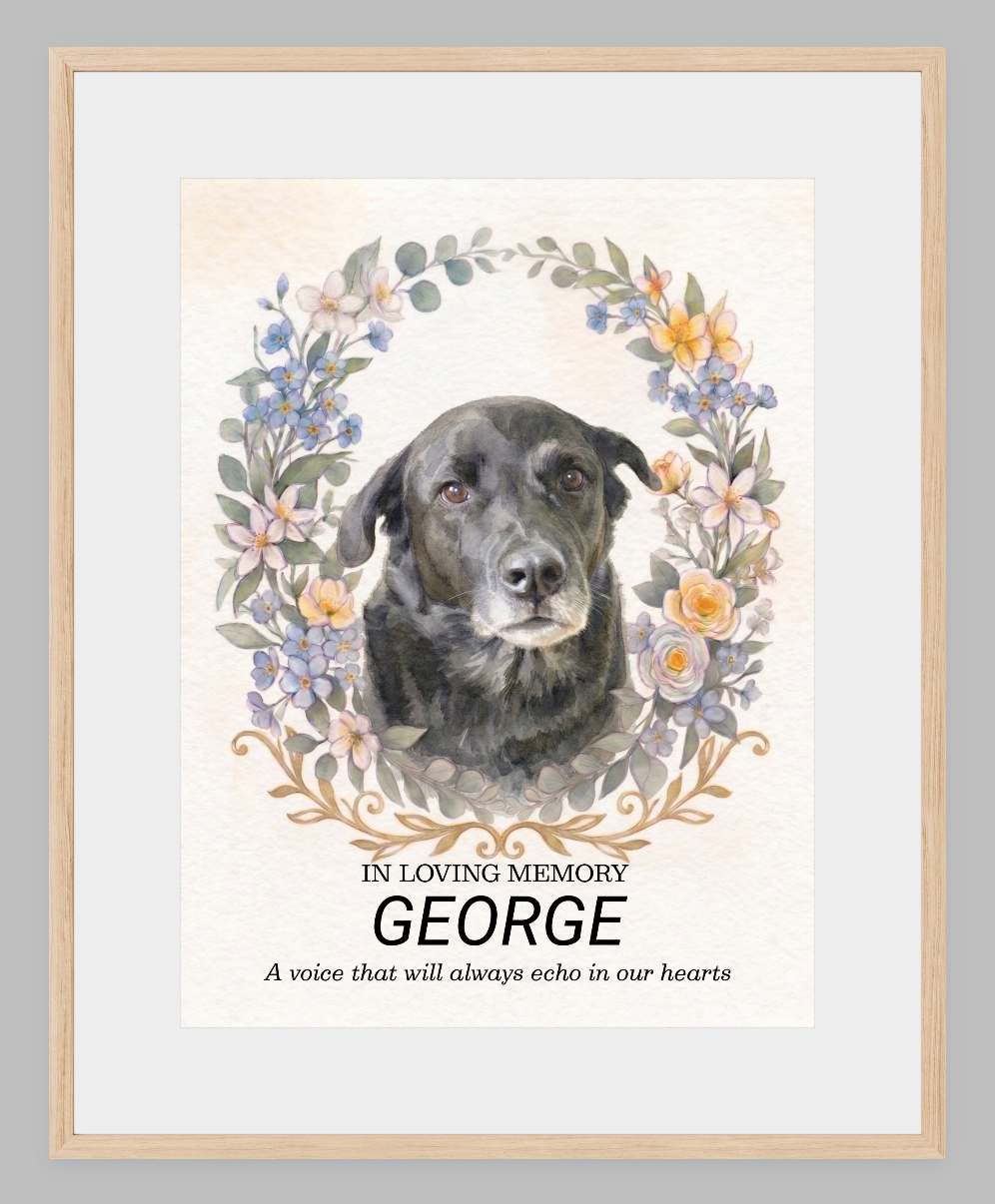 Custom Watercolour Pet Memorial Portrait – "In Loving Memory" Floral Wreath Framed Art