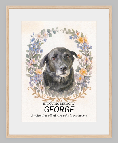 Custom Watercolour Pet Memorial Portrait – "In Loving Memory" Floral Wreath Framed Art