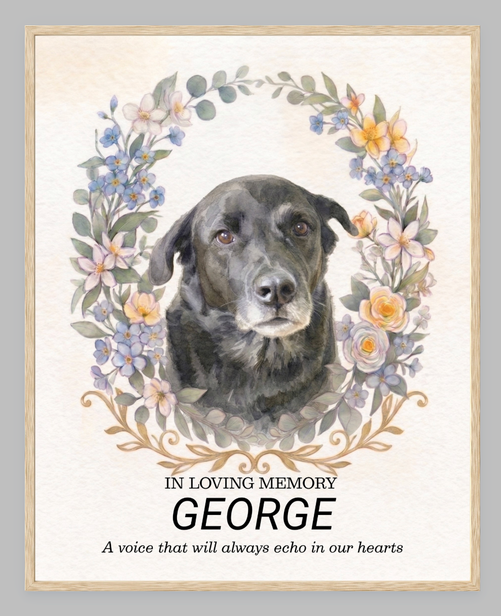Custom Watercolour Pet Memorial Portrait – "In Loving Memory" Floral Wreath Framed Art