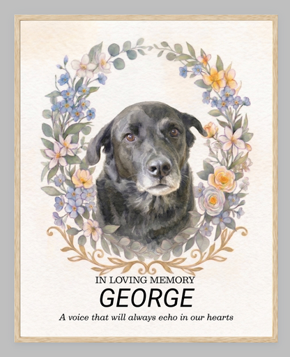 Custom Watercolour Pet Memorial Portrait – "In Loving Memory" Floral Wreath Framed Art