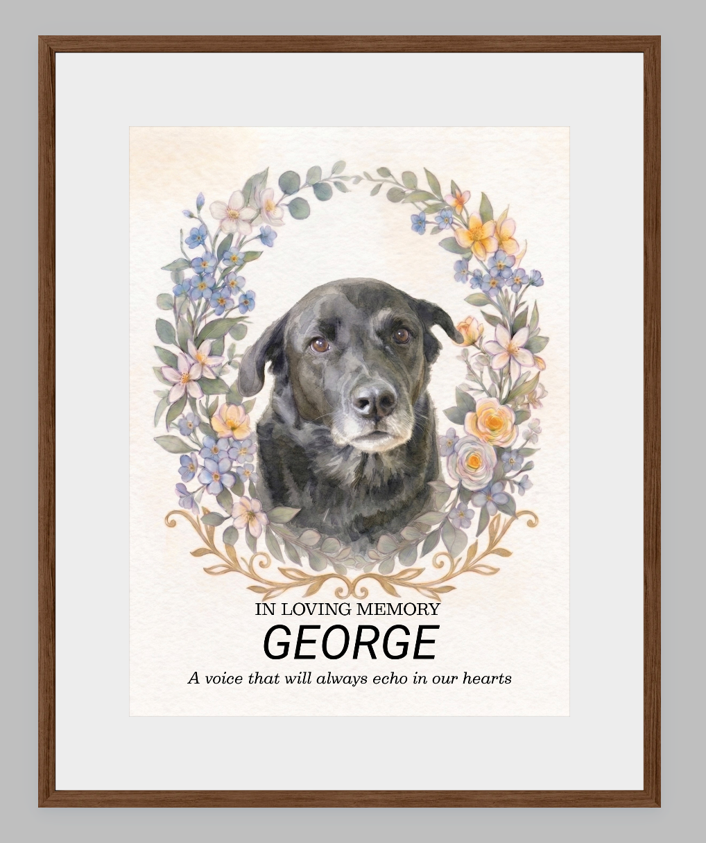 Custom Watercolour Pet Memorial Portrait – "In Loving Memory" Floral Wreath Framed Art