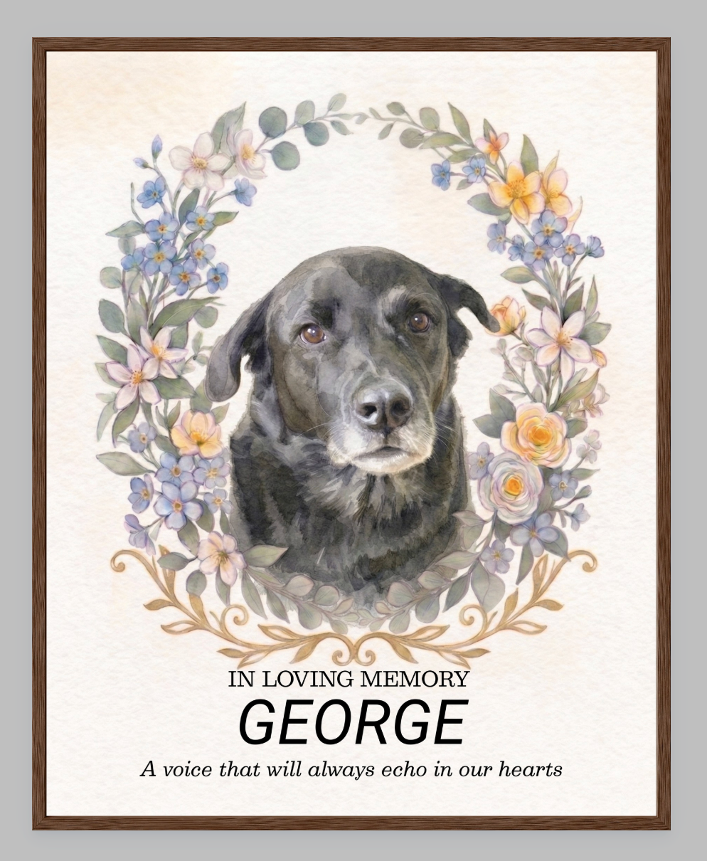 Custom Watercolour Pet Memorial Portrait – "In Loving Memory" Floral Wreath Framed Art