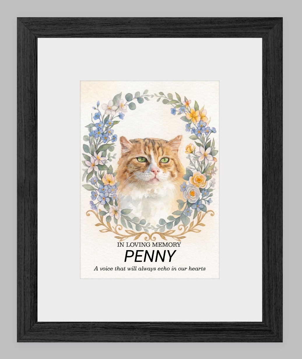 Custom Watercolour Pet Memorial Portrait – "In Loving Memory" Floral Wreath Framed Art