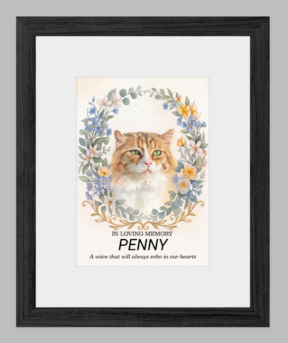 Custom Watercolour Pet Memorial Portrait – "In Loving Memory" Floral Wreath Framed Art