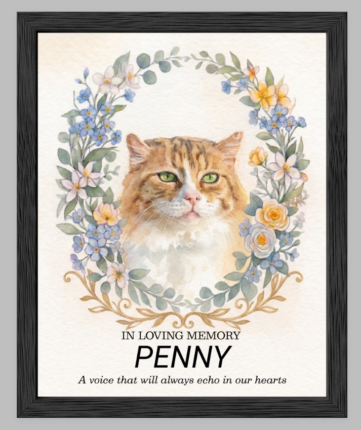 Custom Watercolour Pet Memorial Portrait – "In Loving Memory" Floral Wreath Framed Art