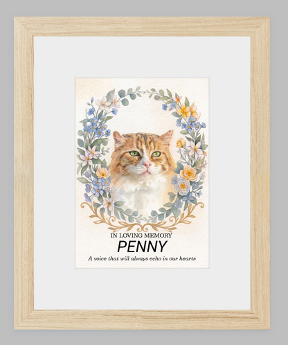 Custom Watercolour Pet Memorial Portrait – "In Loving Memory" Floral Wreath Framed Art
