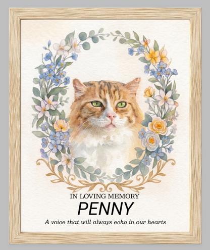 Custom Watercolour Pet Memorial Portrait – "In Loving Memory" Floral Wreath Framed Art