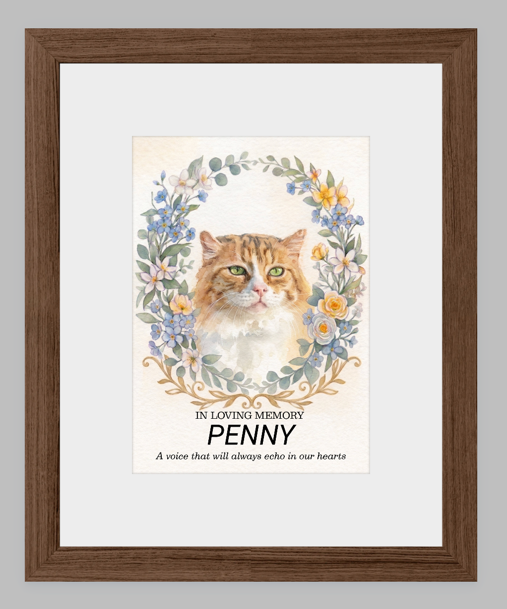 Custom Watercolour Pet Memorial Portrait – "In Loving Memory" Floral Wreath Framed Art