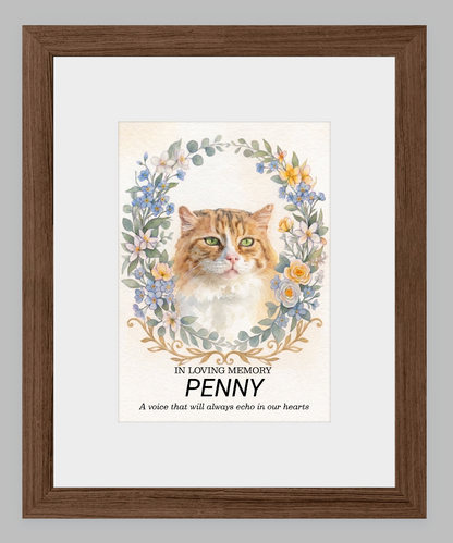 Custom Watercolour Pet Memorial Portrait – "In Loving Memory" Floral Wreath Framed Art