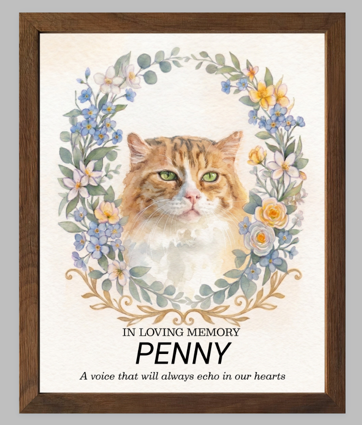 Custom Watercolour Pet Memorial Portrait – "In Loving Memory" Floral Wreath Framed Art