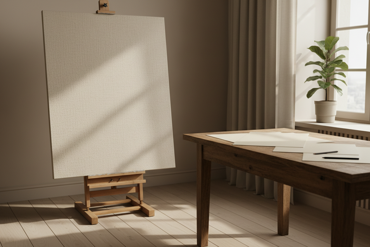 A quiet interior workspace with a blank canvas and paper resting on a desk near a window. Soft natural light, neutral colors, subtle texture, no people, no pets, no text. Calm, editorial photography style.