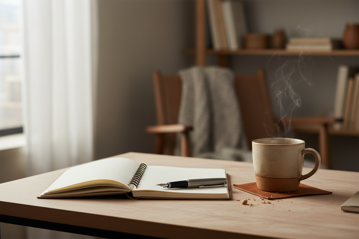 A quiet workspace with a notebook, pen, and mug on a desk in soft natural light. Warm neutral tones, calm and human atmosphere. No faces, no text, no logos. Editorial photography style.