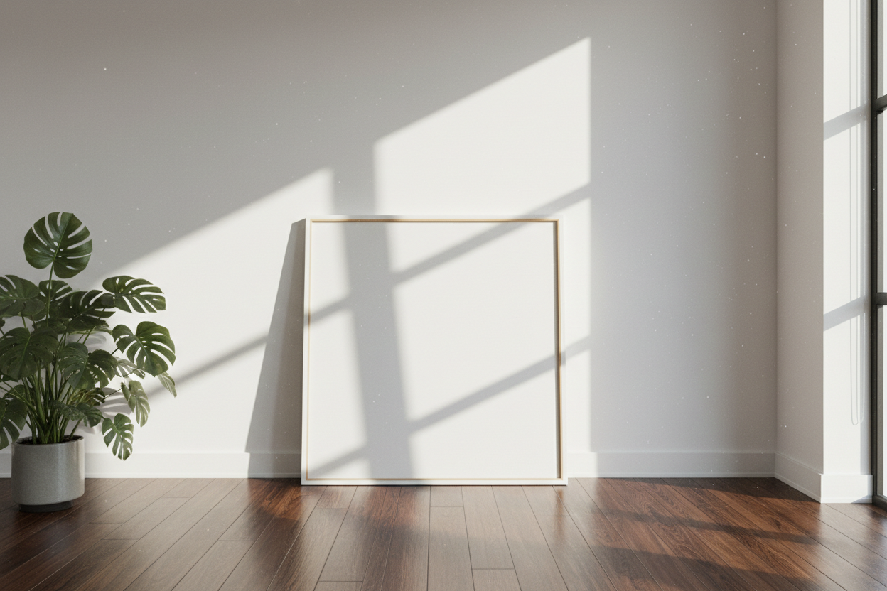 blank canvas leaning against a wall next to a window with bright light shinning through. The floor is dark hardwood, the walls are white and there is a big plant in the corner