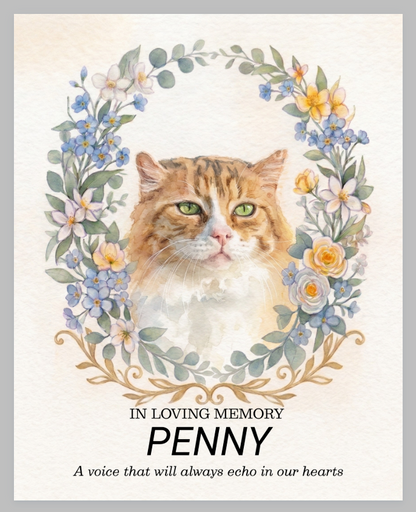 Custom Watercolour Pet Memorial Portrait – "In Loving Memory" Floral Wreath Framed Art