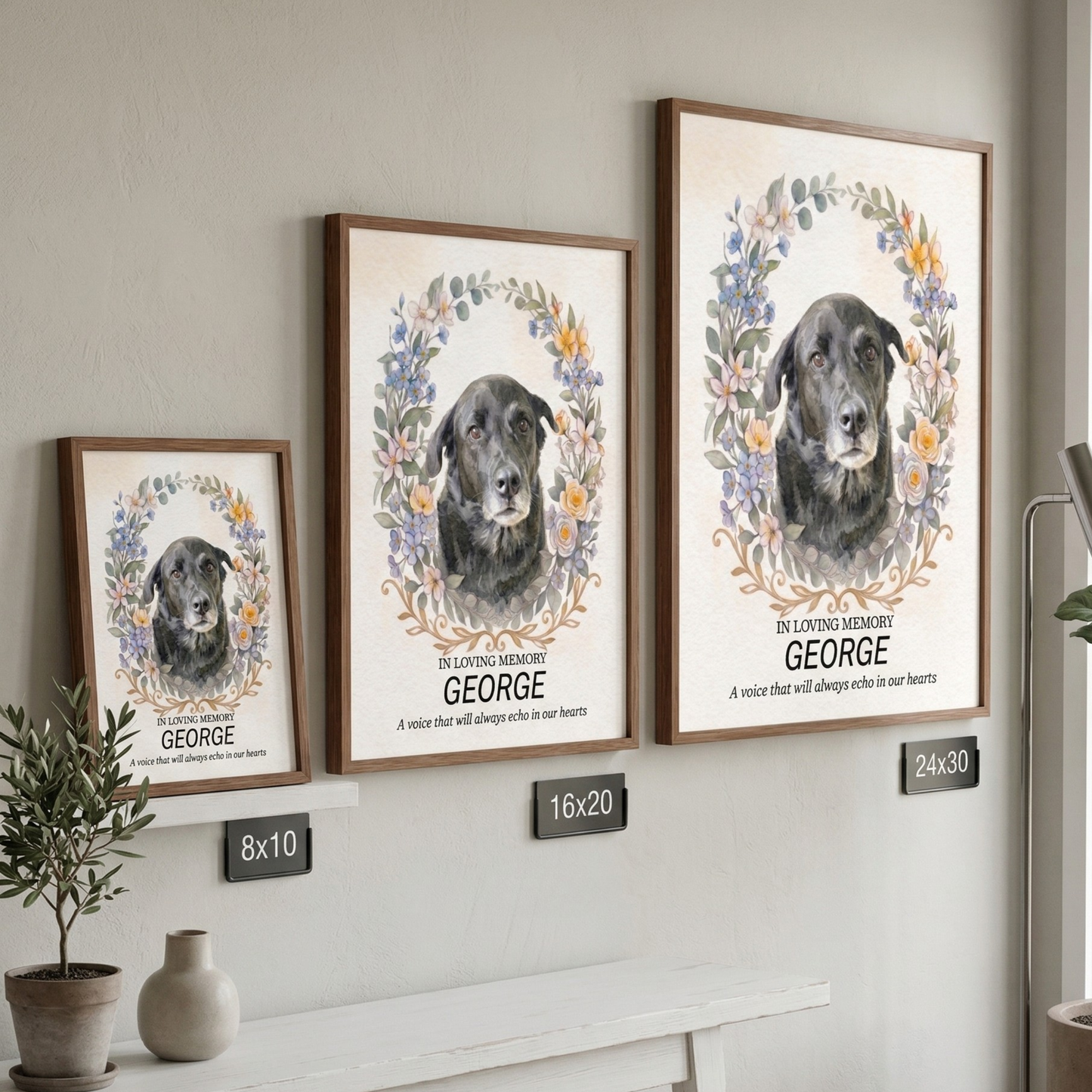 Custom Watercolour Pet Memorial Portrait – "In Loving Memory" Floral Wreath Framed Art