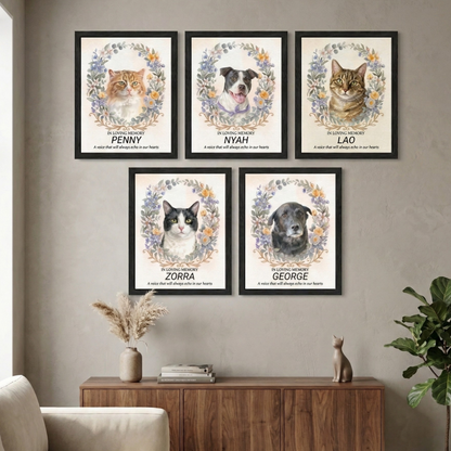 Custom Watercolour Pet Memorial Portrait – "In Loving Memory" Floral Wreath Framed Art