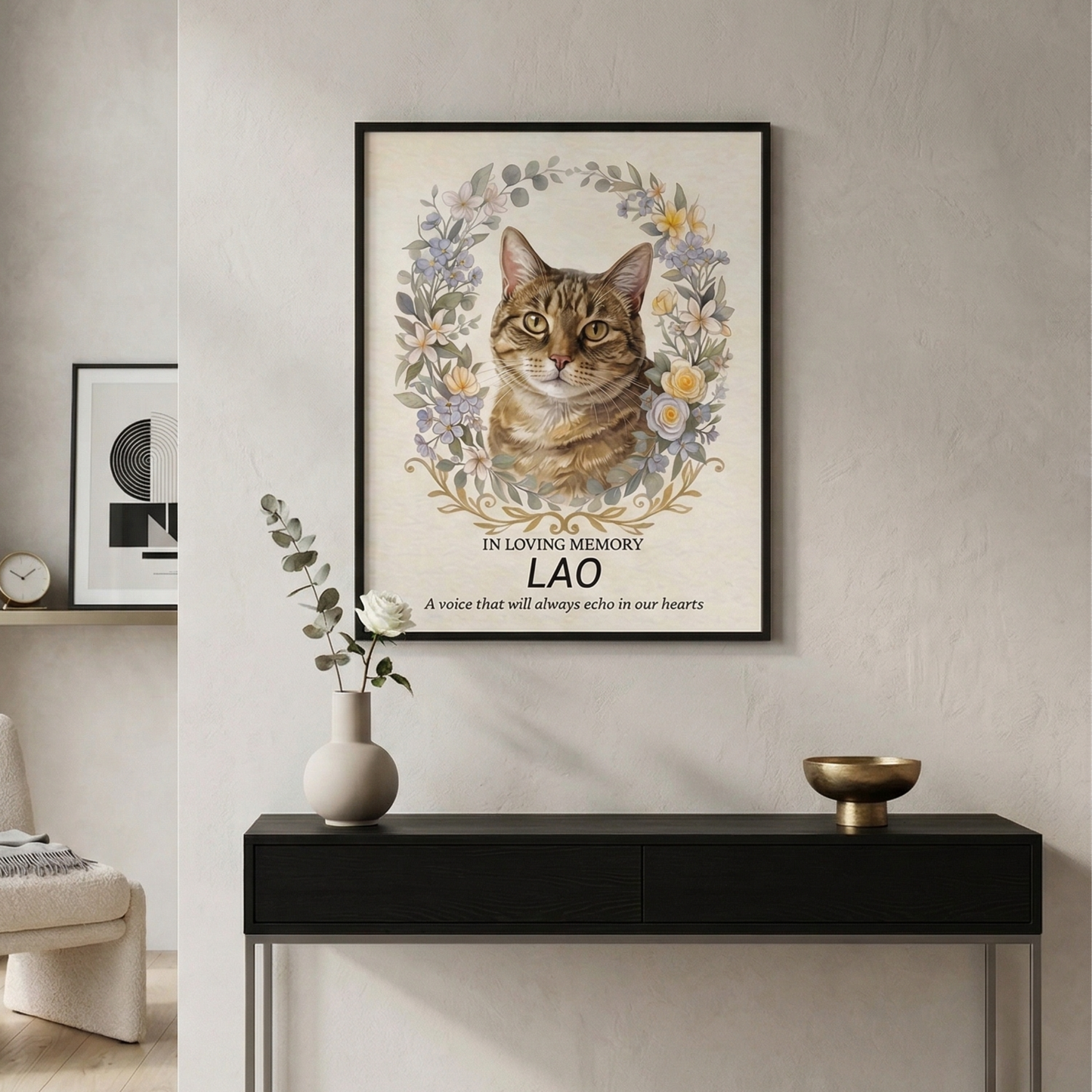 Custom Watercolour Pet Memorial Portrait – "In Loving Memory" Floral Wreath Framed Art