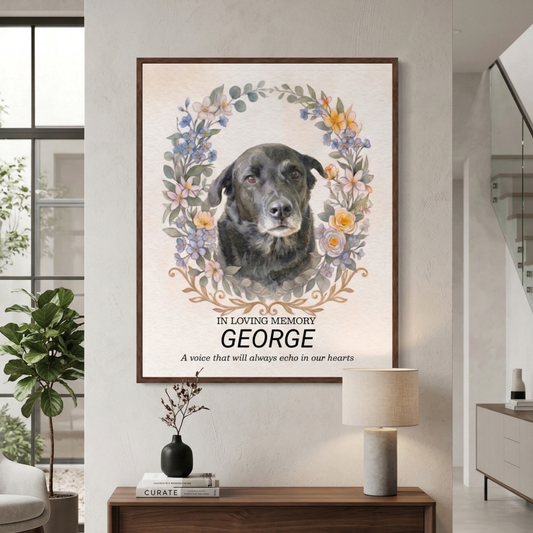 Custom Watercolour Pet Memorial Portrait – "In Loving Memory" Floral Wreath Framed Art