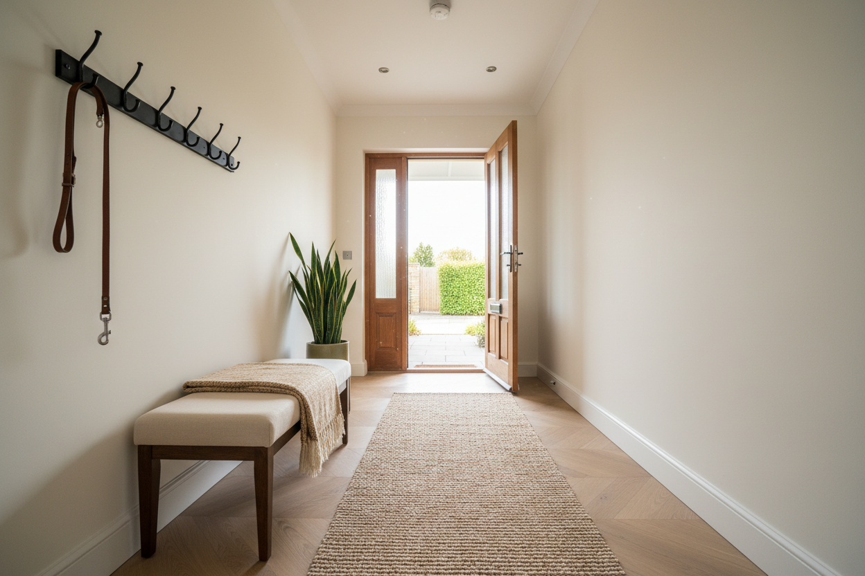 view down the hall of a front hallway. At the end is a front door that is partially open. There is a hook on the wall with a dog leash hanging. There is also a bench and a small plant.